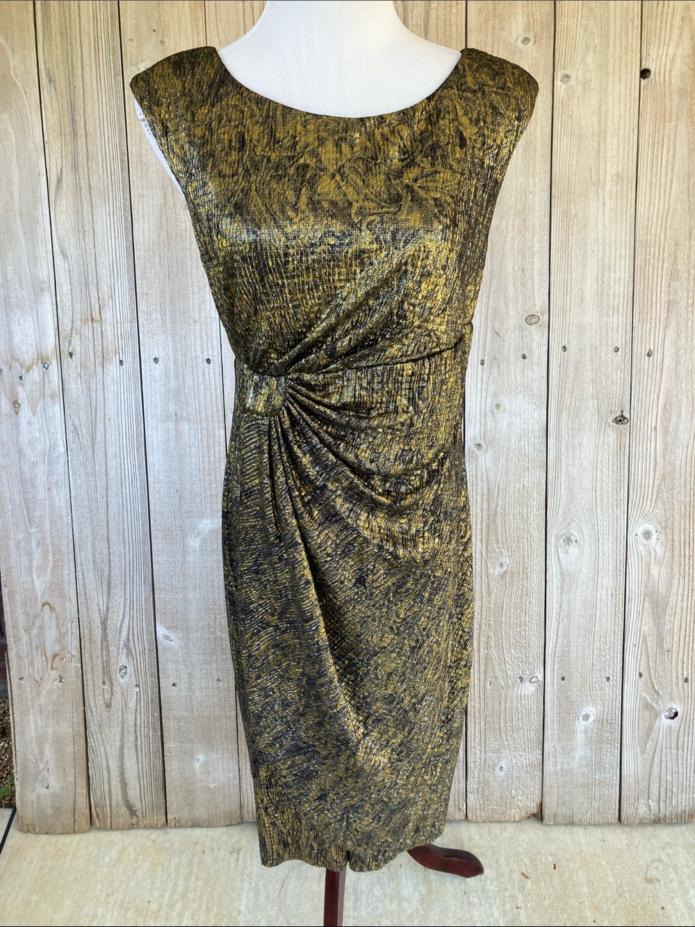 connected apparel Gold Metallic Twist-Detail Midi Dress